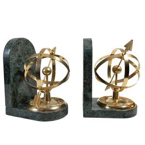 Green Marble Armillary Sphere Bookends With Brass Accents